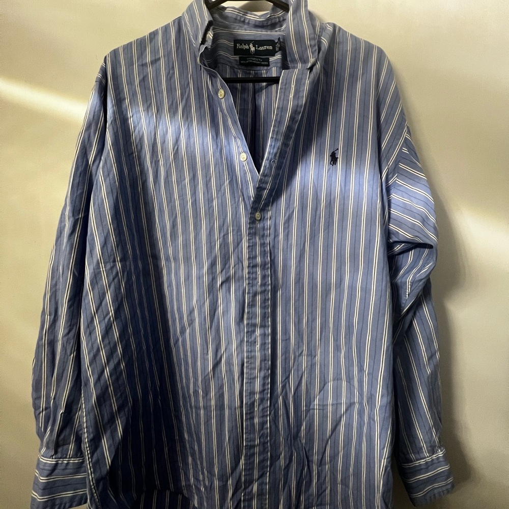 Ralph Lauren Yarmouth Blue Cotton Pinpoint Oxford Striped Shirt 16 32/33